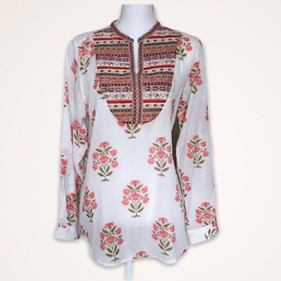 Embroidered Neckline Floral Blouse - Picture 1 of 8